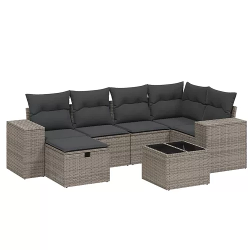  7 részes szürke polyrattan kerti ülőgarnitúra párnákkal