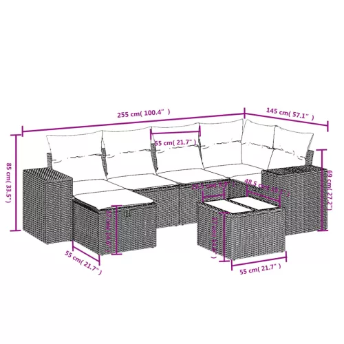  7 részes szürke polyrattan kerti ülőgarnitúra párnákkal