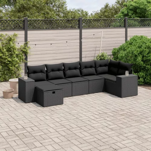  7 részes fekete polyrattan kerti ülőgarnitúra párnával