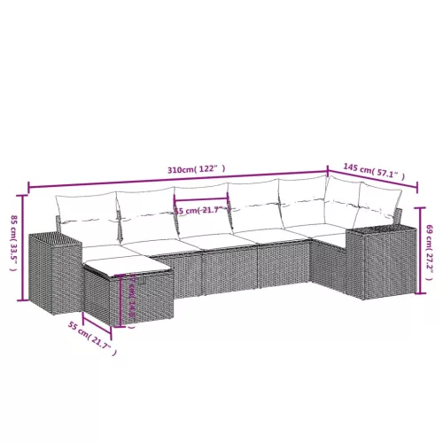  7 részes fekete polyrattan kerti ülőgarnitúra párnával