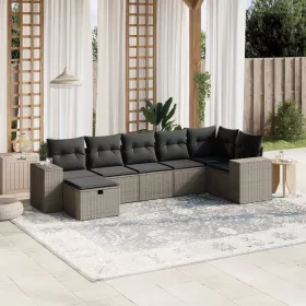    7 részes világosszürke polyrattan kerti ülőgarnitúra párnákkal