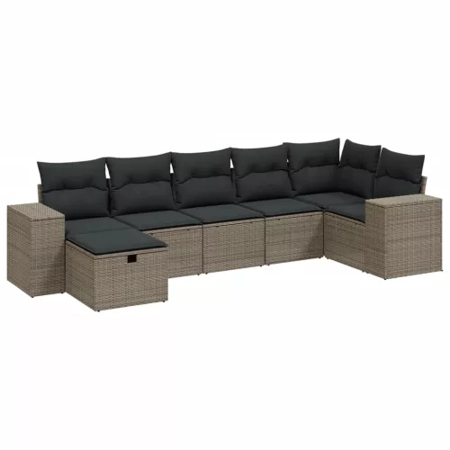  7 részes világosszürke polyrattan kerti ülőgarnitúra párnákkal