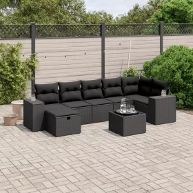    8 részes fekete polyrattan kerti ülőgarnitúra párnákkal