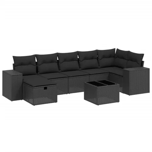  8 részes fekete polyrattan kerti ülőgarnitúra párnákkal