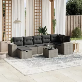    8 részes világosszürke polyrattan kerti ülőgarnitúra párnával