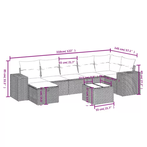  8 részes világosszürke polyrattan kerti ülőgarnitúra párnával