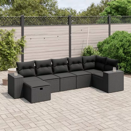  7 részes fekete polyrattan kerti ülőgarnitúra párnával