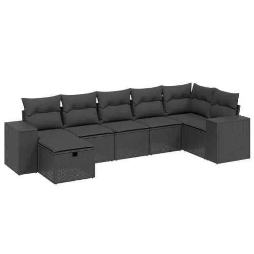  7 részes fekete polyrattan kerti ülőgarnitúra párnával