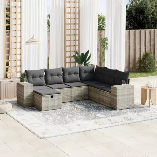 7 részes világosszürke polyrattan kerti ülőgarnitúra párnákkal