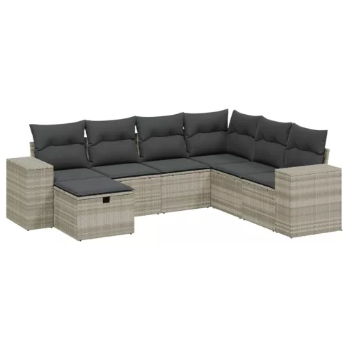  7 részes világosszürke polyrattan kerti ülőgarnitúra párnákkal