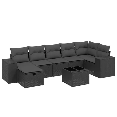  8 részes fekete polyrattan kerti ülőgarnitúra párnákkal