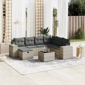   8 részes világosszürke polyrattan kerti ülőgarnitúra párnával
