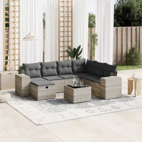  8 részes világosszürke polyrattan kerti ülőgarnitúra párnával