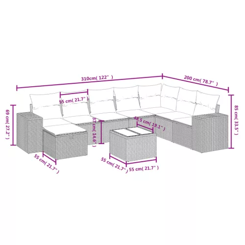  9 részes fekete polyrattan kerti ülőgarnitúra párnákkal