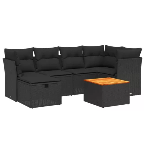  7 részes fekete polyrattan kerti ülőgarnitúra párnával