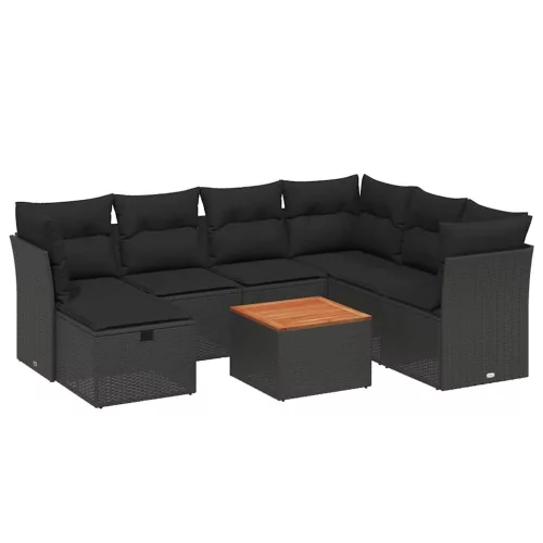  8 részes fekete polyrattan kerti ülőgarnitúra párnákkal