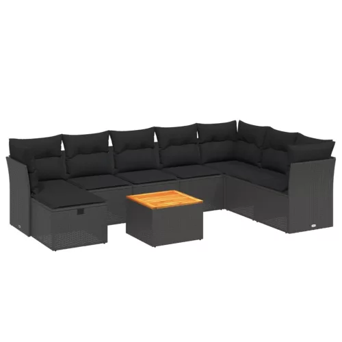  9 részes fekete polyrattan kerti ülőgarnitúra párnákkal