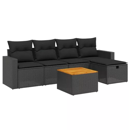  6 részes fekete polyrattan kerti ülőgarnitúra párnákkal