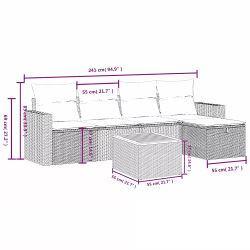  6 részes fekete polyrattan kerti ülőgarnitúra párnákkal