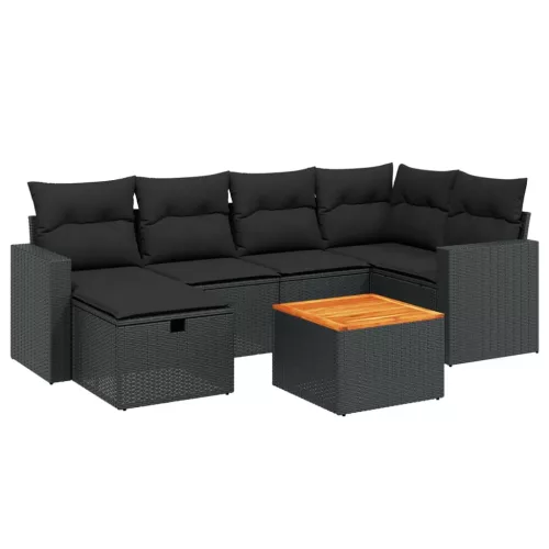  7 részes fekete polyrattan kerti ülőgarnitúra párnával