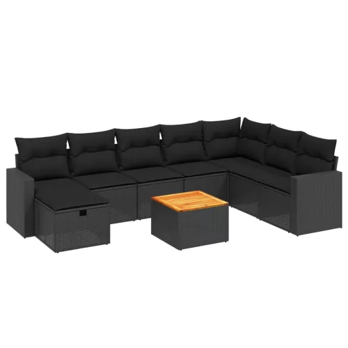  9 részes fekete polyrattan kerti ülőgarnitúra párnákkal