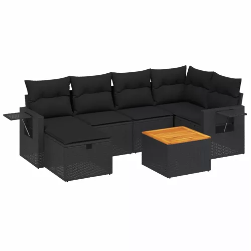  7 részes fekete polyrattan kerti ülőgarnitúra párnával