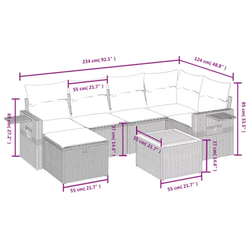  7 részes fekete polyrattan kerti ülőgarnitúra párnával