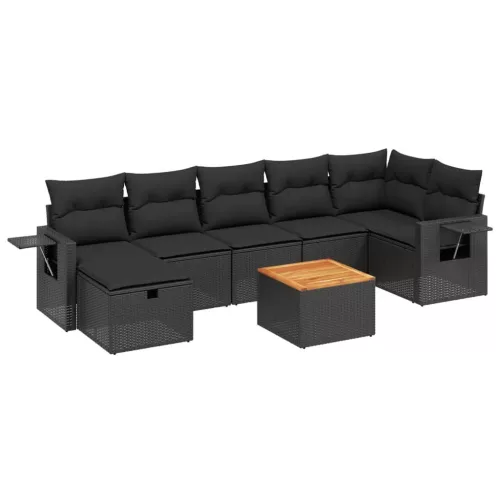  8 részes fekete polyrattan kerti ülőgarnitúra párnákkal