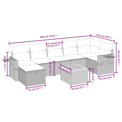  8 részes fekete polyrattan kerti ülőgarnitúra párnákkal