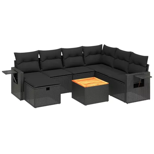  8 részes fekete polyrattan kerti ülőgarnitúra párnákkal