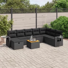    9 részes fekete polyrattan kerti ülőgarnitúra párnákkal