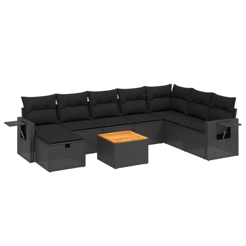  9 részes fekete polyrattan kerti ülőgarnitúra párnákkal