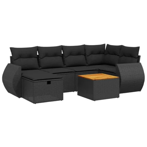  7 részes fekete polyrattan kerti ülőgarnitúra párnával