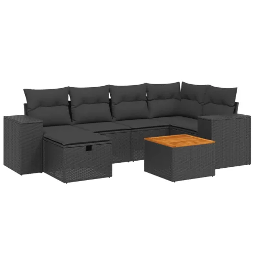  7 részes fekete polyrattan kerti ülőgarnitúra párnával