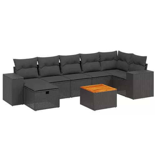  8 részes fekete polyrattan kerti ülőgarnitúra párnákkal