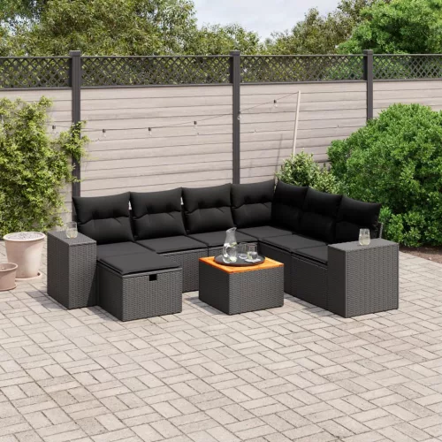  8 részes fekete polyrattan kerti ülőgarnitúra párnákkal