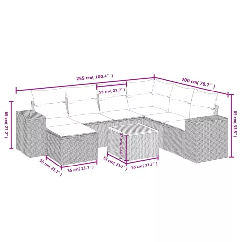  8 részes fekete polyrattan kerti ülőgarnitúra párnákkal