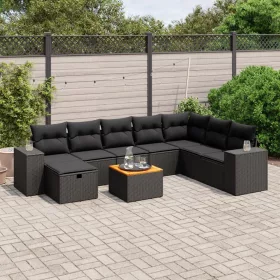    9 részes fekete polyrattan kerti ülőgarnitúra párnákkal