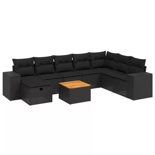  9 részes fekete polyrattan kerti ülőgarnitúra párnákkal