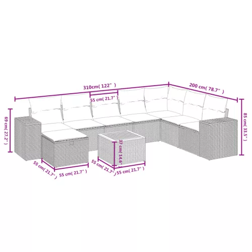  9 részes fekete polyrattan kerti ülőgarnitúra párnákkal