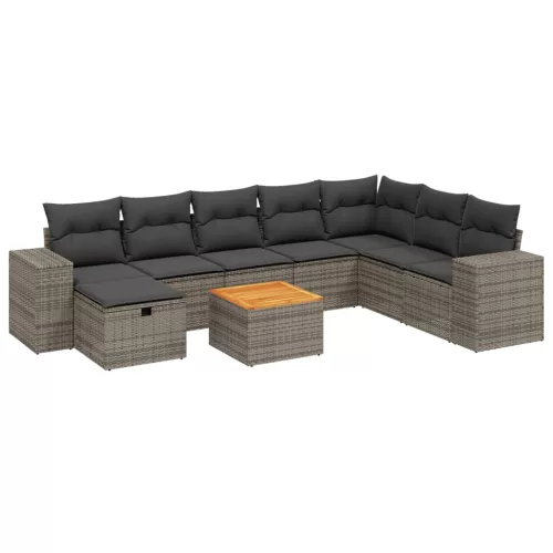  9 részes szürke polyrattan kerti ülőgarnitúra párnákkal