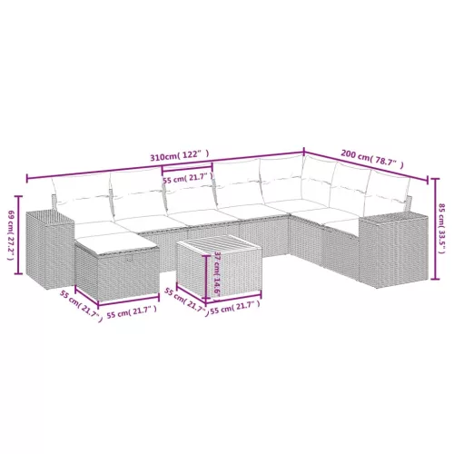  9 részes szürke polyrattan kerti ülőgarnitúra párnákkal