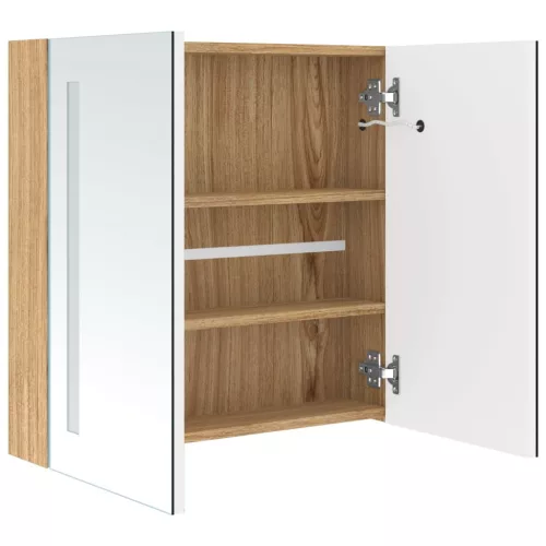  fehér, tölgyszínű LED-es tükrös fürdőszobaszekrény 62x14x60 cm