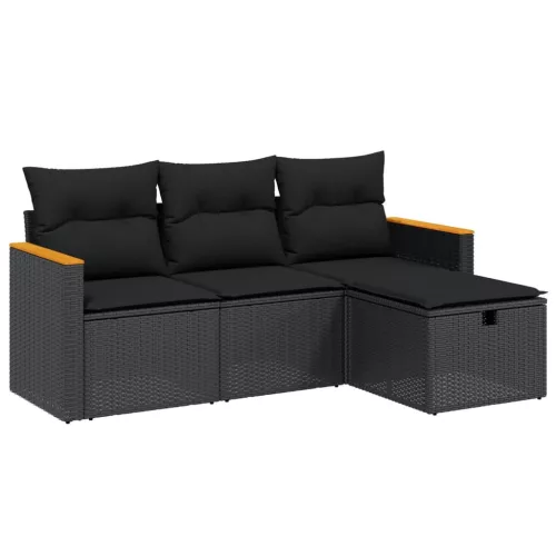  4 részes fekete polyrattan kerti ülőgarnitúra párnákkal