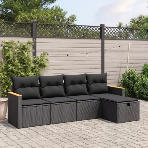  5 részes fekete polyrattan kerti kanapészett párnákkal