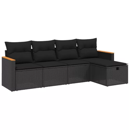  5 részes fekete polyrattan kerti kanapészett párnákkal
