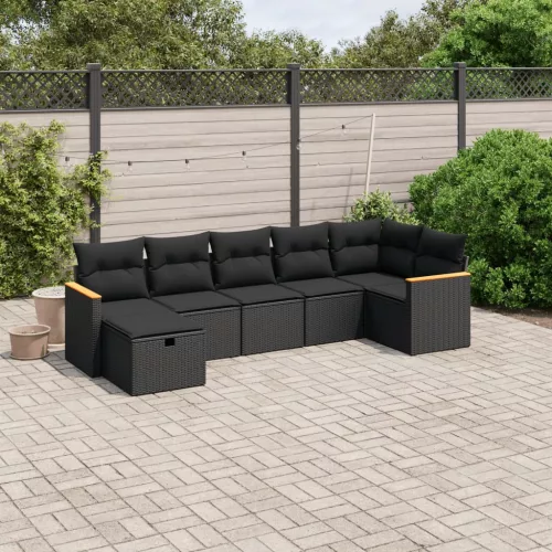  7 részes fekete polyrattan kerti ülőgarnitúra párnával