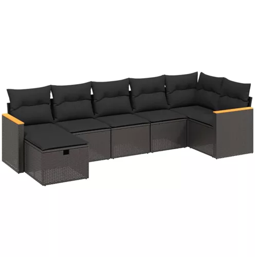  7 részes fekete polyrattan kerti ülőgarnitúra párnával