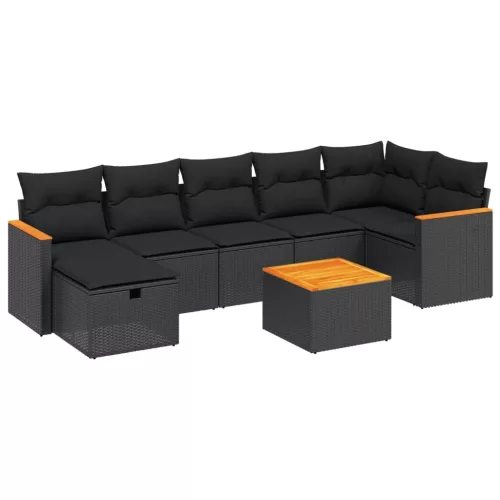  8 részes fekete polyrattan kerti ülőgarnitúra párnákkal
