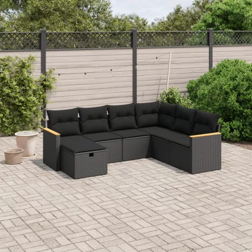  7 részes fekete polyrattan kerti ülőgarnitúra párnával